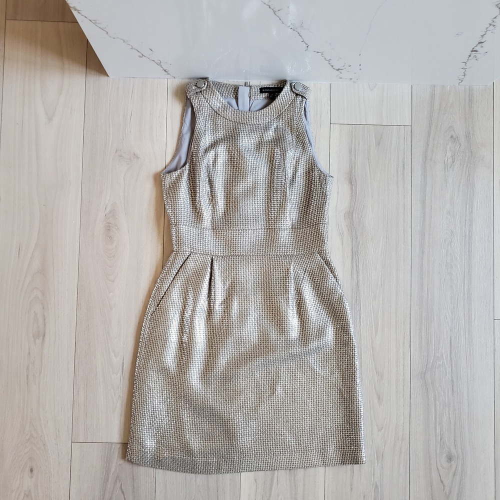 Banana Republic Dress Womens 6 Gold Foil Wool Blend Metallic Sheath Cocktail